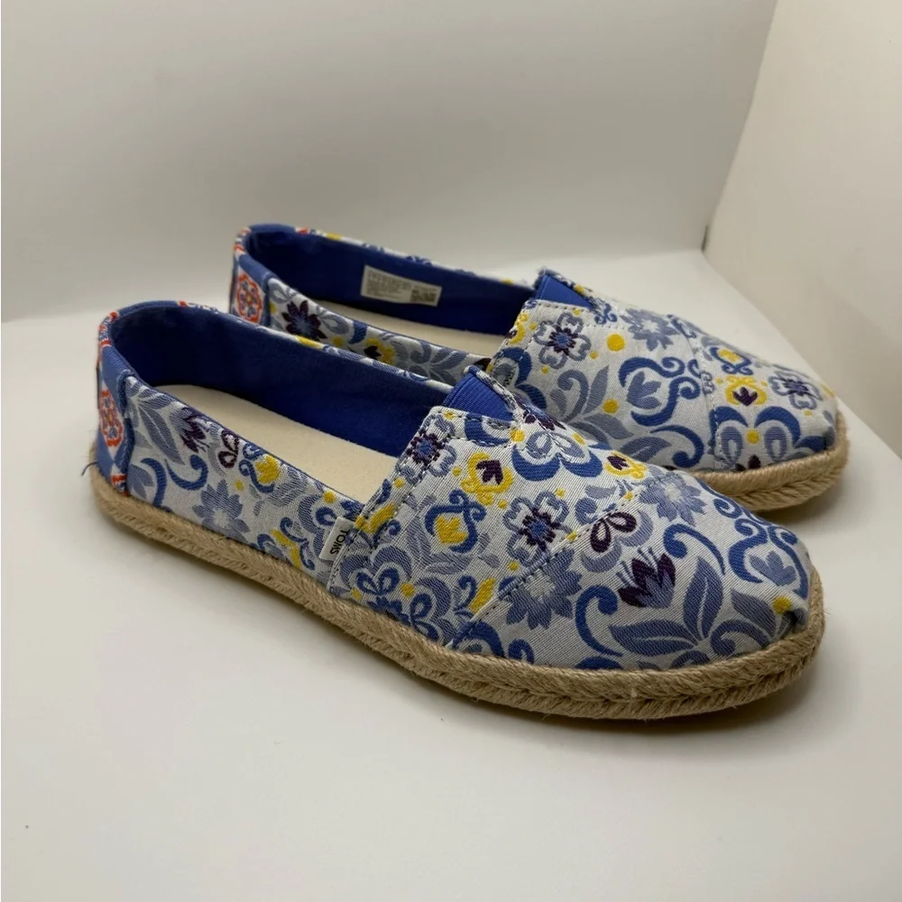 TOMS Women’s Alpargata Rope Espadrilles in Blue Mediterranean Tiles Print Sz 7
